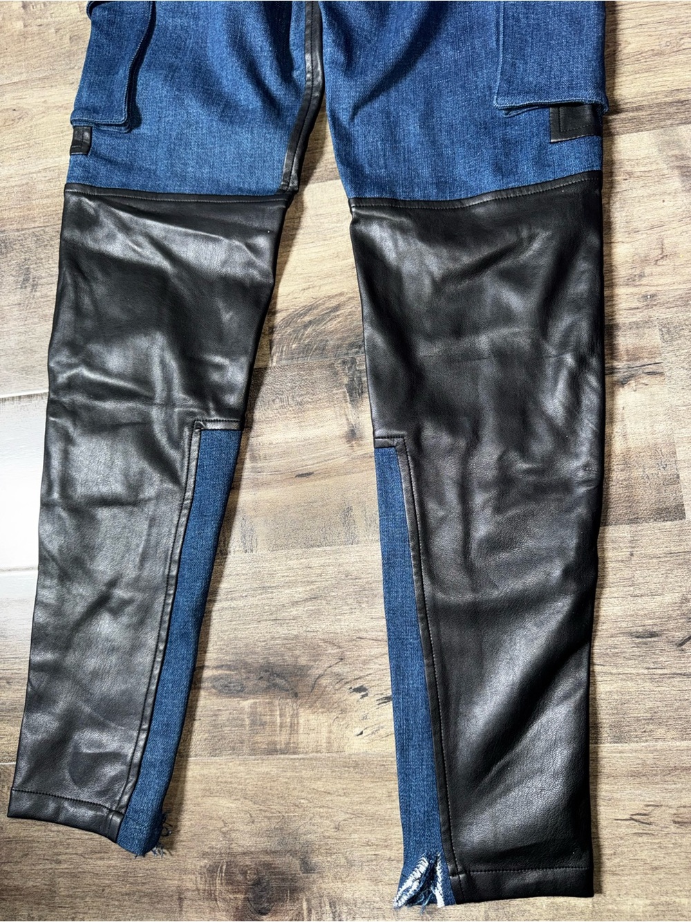 Maniere De Voir Denim Leather Biker Cargo Pants Sz 2 UK 6 Moto Patchwork - Picture 7 of 14